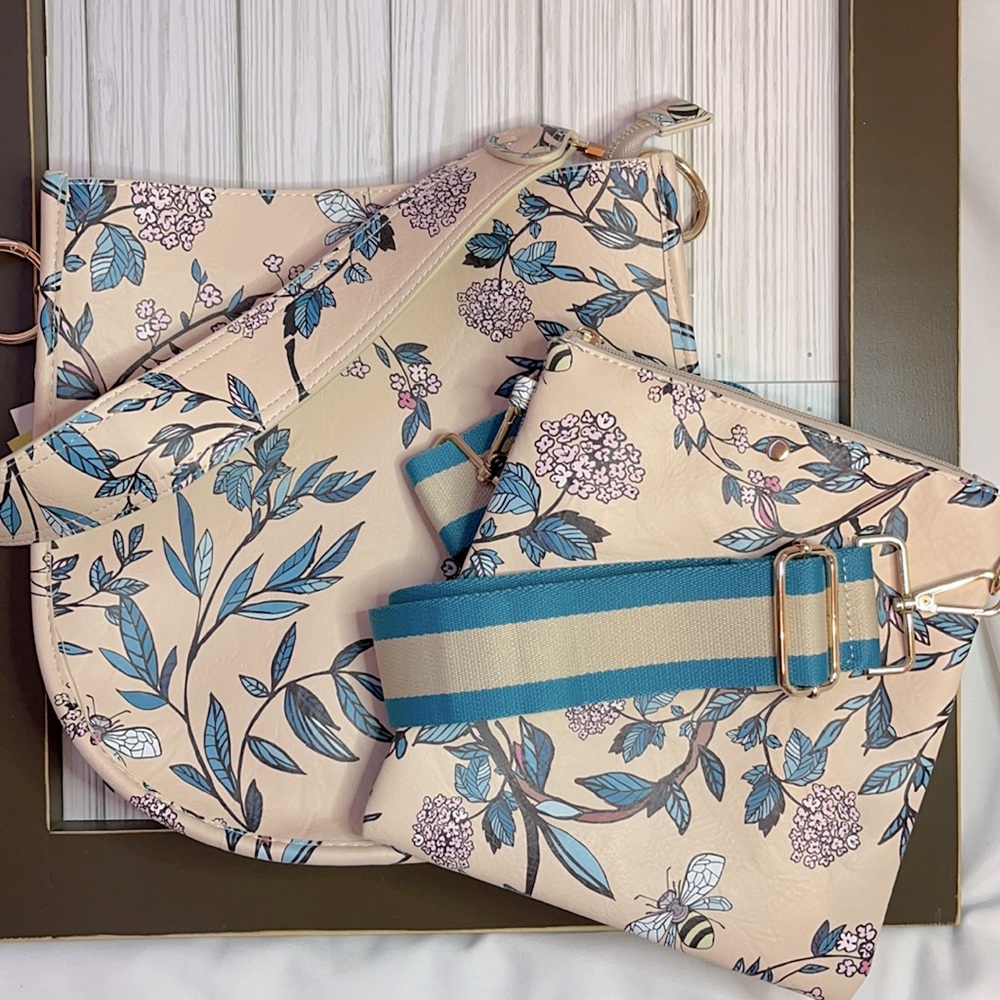 Ahdorned Beige & Teal Blue Floral Vegan Leather Messenger Handbag & Crossbody